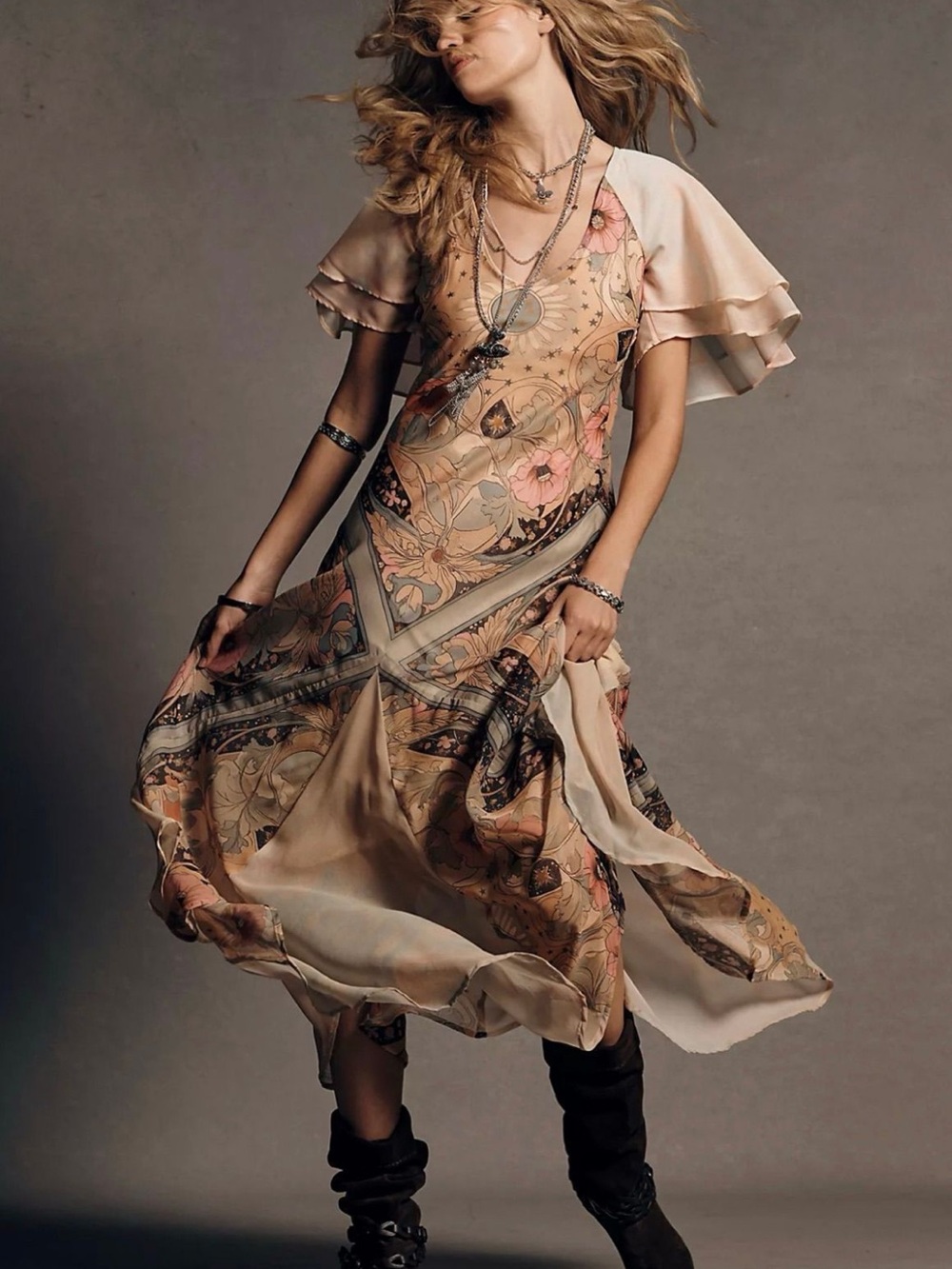 Free People Floral Patchwork Maxi Dress in Beige and Blush
